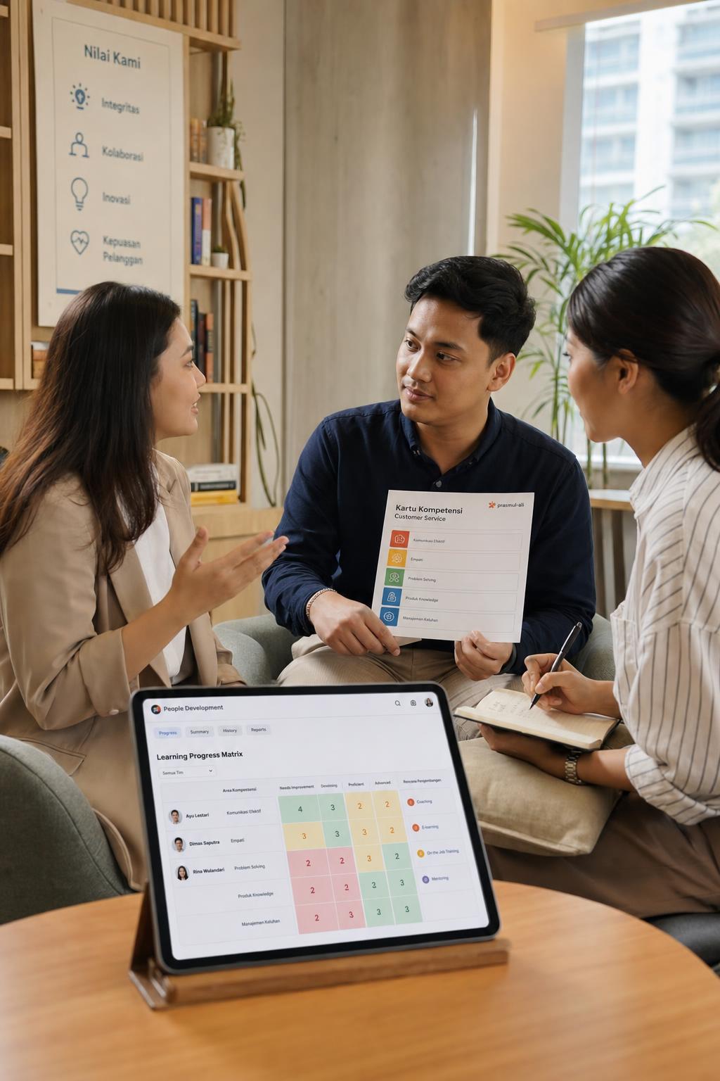 Sesi coaching tim yang terhubung dengan sistem pembelajaran dan kinerja